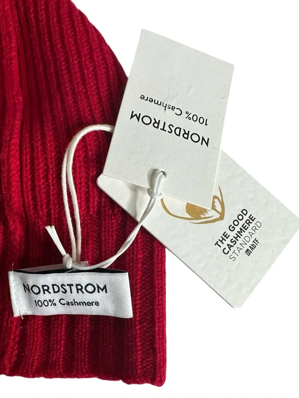 Nordstrom 100% Cashmere Ribbed Knit Beanie Hat Red Slouchy or Cuffed OS NWT